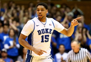 DURHAM, NC - DECEMBER 15:  Jahlil Okafor #15 of the Duke Blue Devils reacts after a basket against the Elon Phoenix during their game at Cameron Indoor Stadium on December 15, 2014 in Durham, North Carolina.  (Photo by Streeter Lecka/Getty Images)
